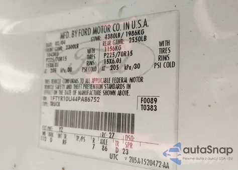 2004 Ford Ranger Edge/Xl/Xlt z USA, uszkodzony, nr VIN 1FTYR10U44PA86752